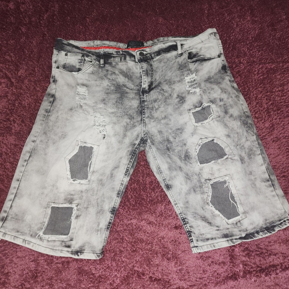 Encrypted Acid Wash Distressed Denim Shorts Grey Black Size 46 Streetwear